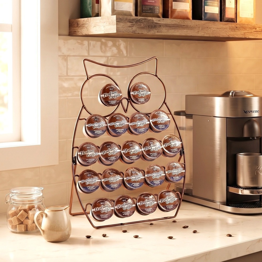 Set of 2 Copper Wire Owl Coffee Pod Holder Wall Decor Countertop Organizer
